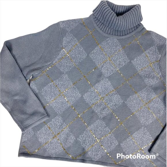 VINTAGE Argyle Collegiate Turtleneck Sweater Periwinkle Blue Academia - Picture 2 of 9